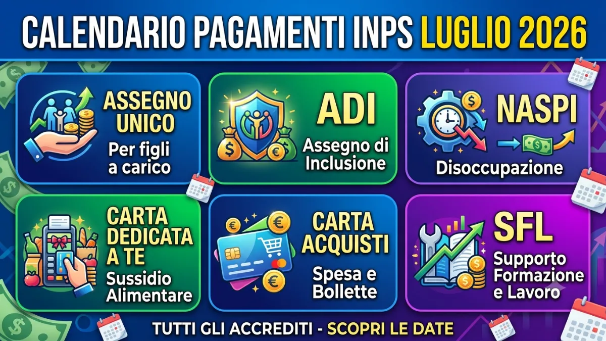 Pagamenti INPS luglio 2026: il calendario completo degli accrediti con Carta dedicata a te